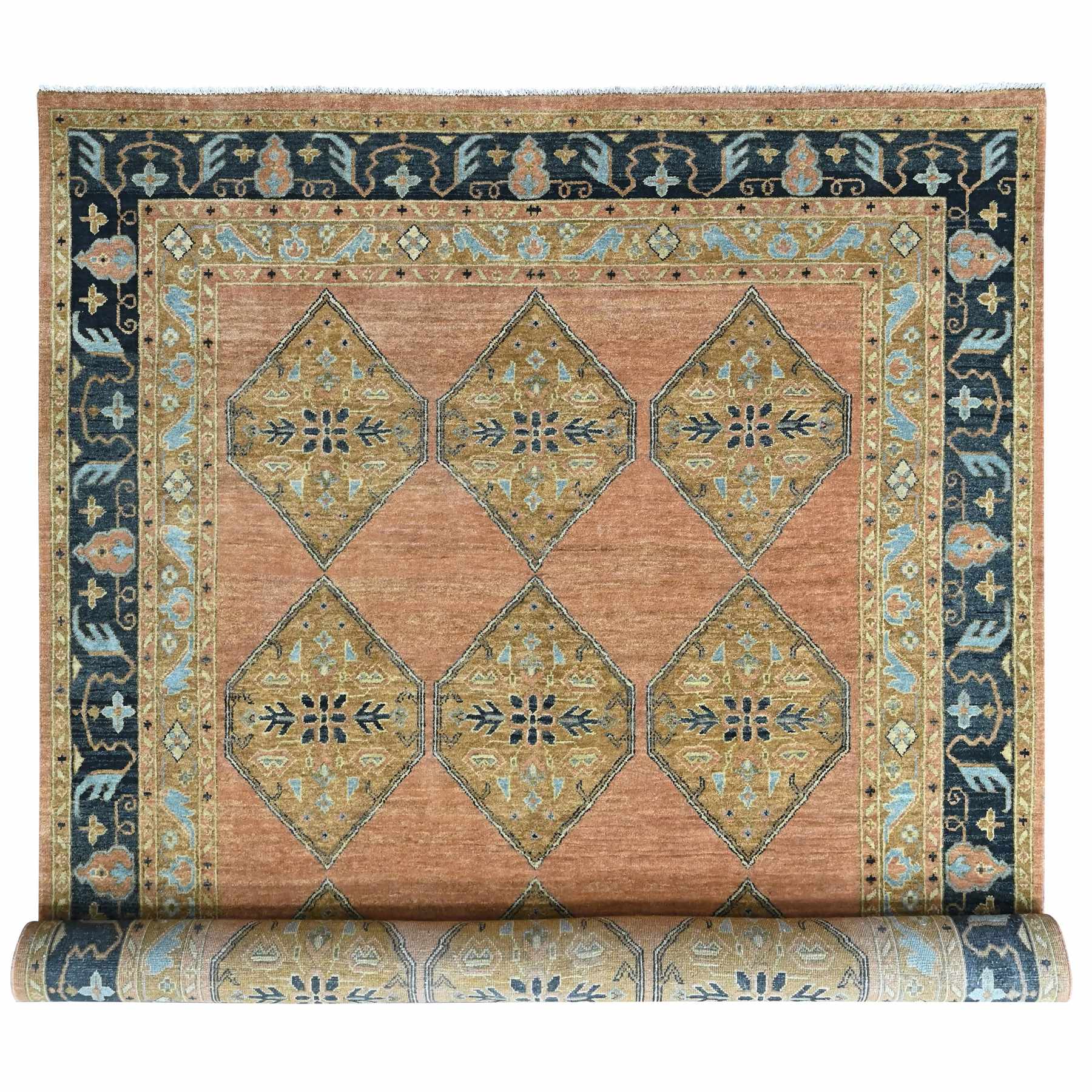 9'2"x13'5" Cantaloupe Orange, Anatolian Design Inspired with Geometric Pattern, Hand Knotted, 100% Wool, Densely Woven, Long and Narrow, Oriental Rug 
